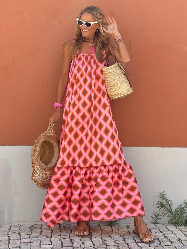 Boho Argyle Print Maxi Dress Spaghetti Sleeveless Vacation