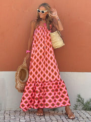 Boho Argyle Print Maxi Dress Spaghetti Sleeveless Vacation