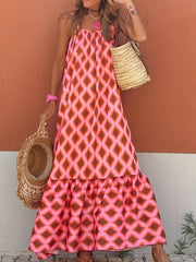 Boho Argyle Print Maxi Dress Spaghetti Sleeveless Vacation