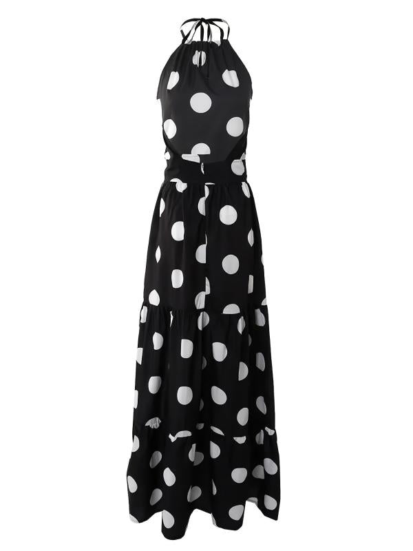 Polka Dot Halter Neck Maxi Dress Sexy Backless Sleeveless Slim Waist