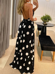 Polka Dot Halter Neck Maxi Dress Sexy Backless Sleeveless Slim Waist