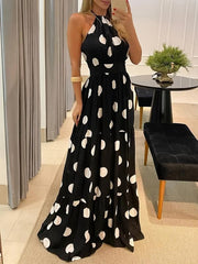 Polka Dot Halter Neck Maxi Dress Sexy Backless Sleeveless Slim Waist