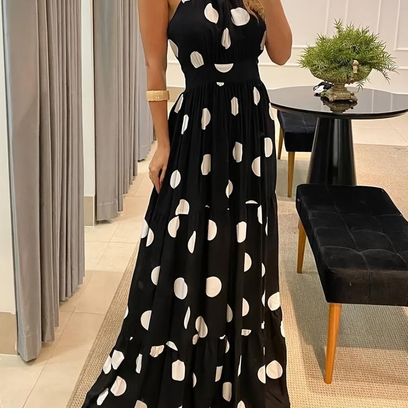 Polka Dot Halter Neck Maxi Dress Sexy Backless Sleeveless Slim Waist