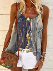 Marble Print Cami Top Crew Neck Ruched Sleeveless Women's Clothing