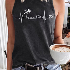 Coconut Tree Print Tank Top Crew Neck Sleeveless Casual