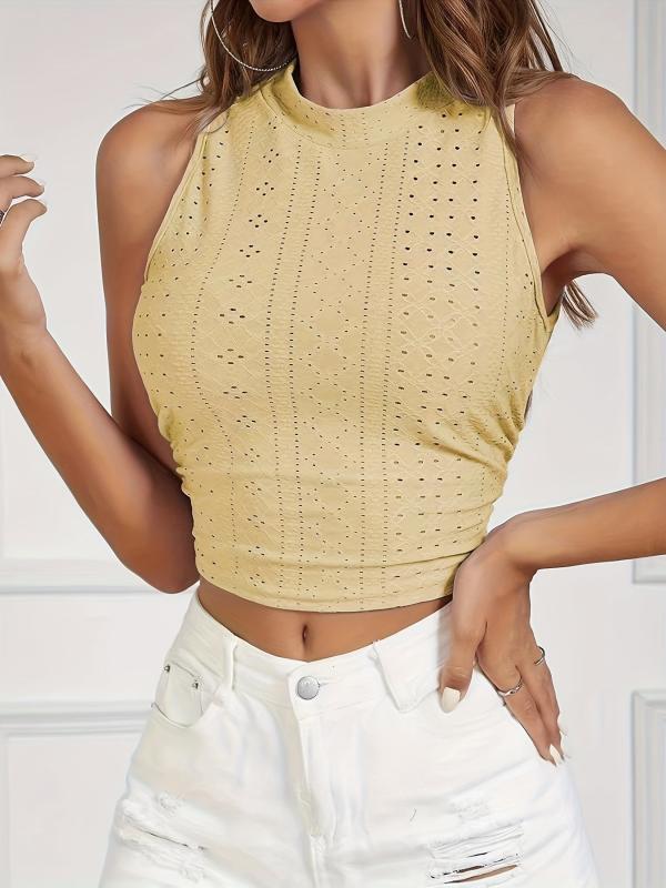 Eyelet Embroidered Mock Neck Tank Top Summer Women's Clothing