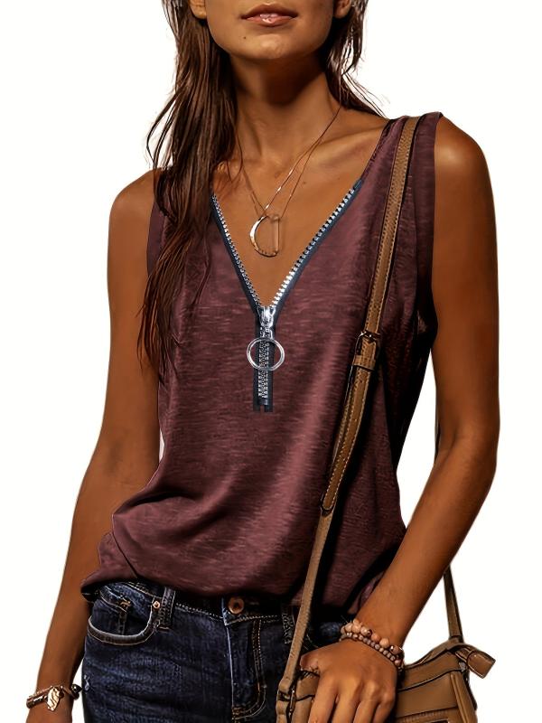 Casual V Neck Zipper Cami Top Solid Sleeveless Loose Fit Tank Top