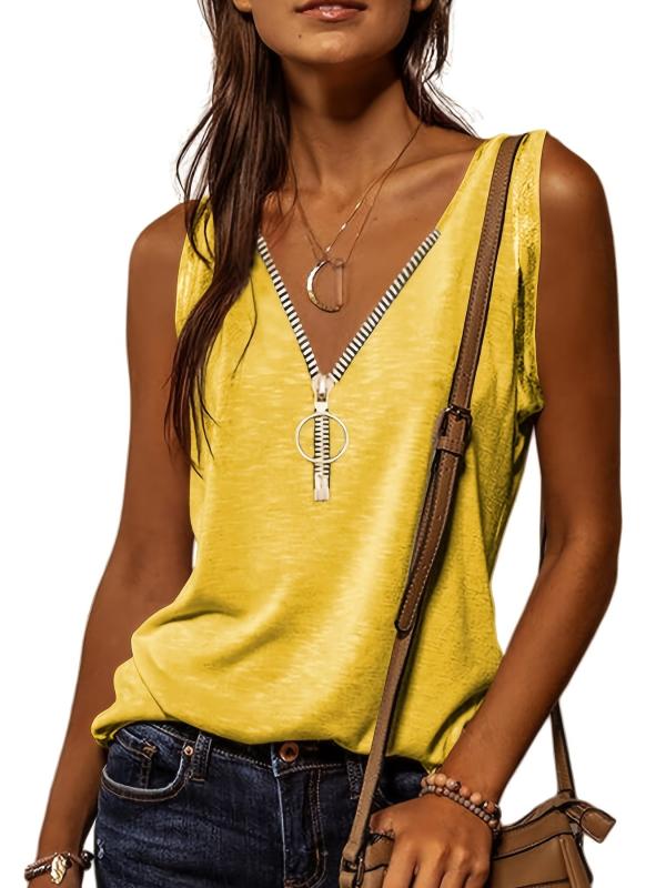 Casual V Neck Zipper Cami Top Solid Sleeveless Loose Fit Tank Top
