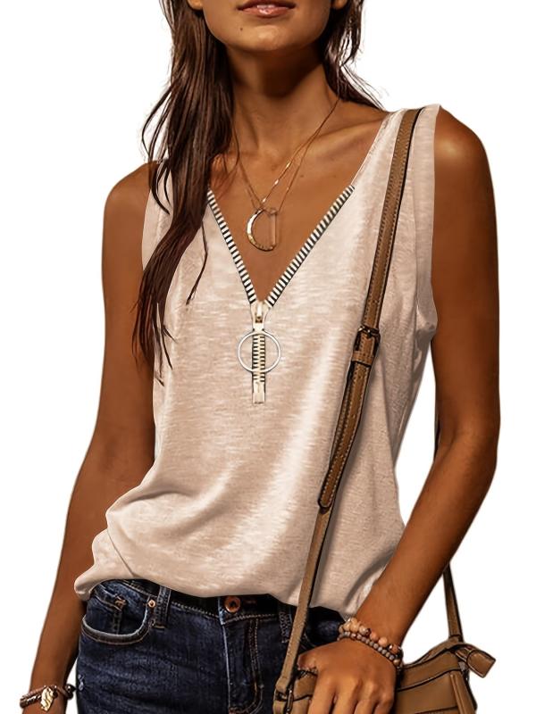 Casual V Neck Zipper Cami Top Solid Sleeveless Loose Fit Tank Top