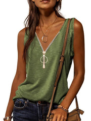 Casual V Neck Zipper Cami Top Solid Sleeveless Loose Fit Tank Top