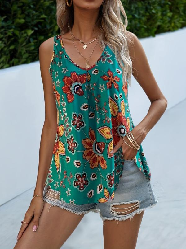 Floral Print Sleeveless Tank Top V-Neck Casual Summer Top