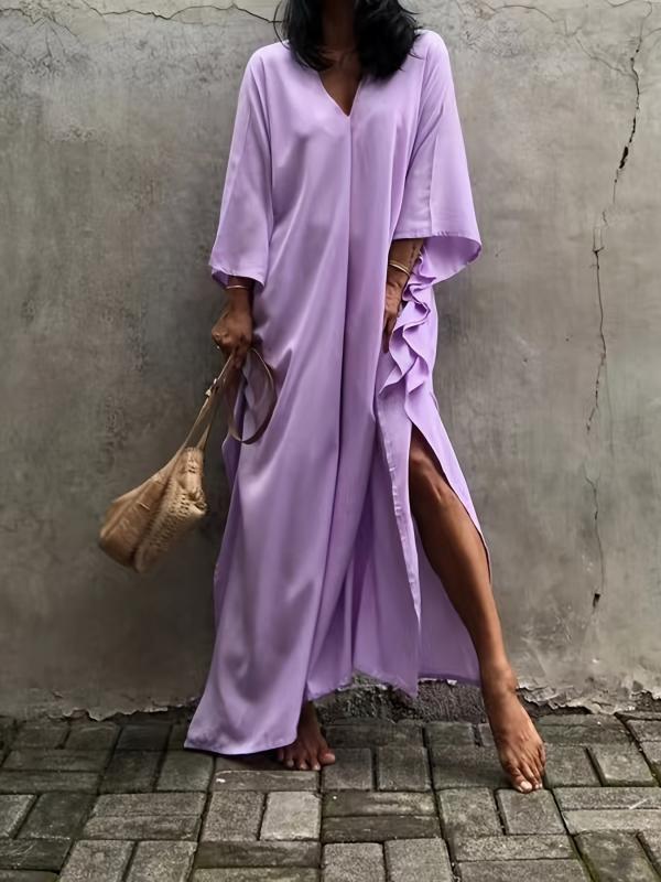 Solid V Neck Cover Up Dress Loose Fit Split Beachwear Kaftan
