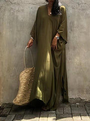 Solid V Neck Cover Up Dress Loose Fit Split Beachwear Kaftan