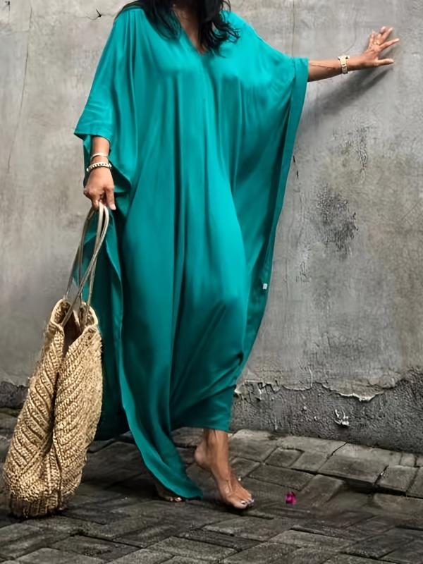 Solid V Neck Cover Up Dress Loose Fit Split Beachwear Kaftan