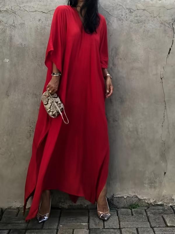 Solid V Neck Cover Up Dress Loose Fit Split Beachwear Kaftan