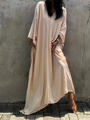 Solid V Neck Cover Up Dress Loose Fit Split Beachwear Kaftan