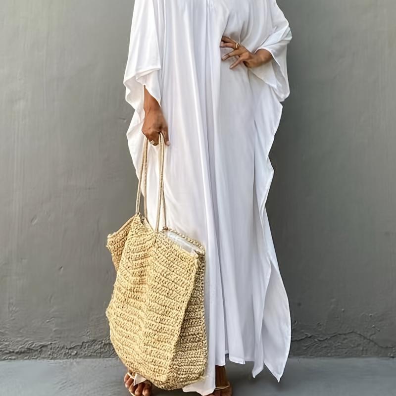 Solid V Neck Cover Up Dress Loose Fit Split Beachwear Kaftan