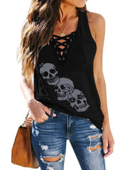 Skull Print Criss Cross Tank Top Sexy Sleeveless V Neck Tank Top