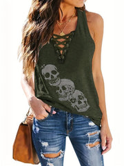 Skull Print Criss Cross Tank Top Sexy Sleeveless V Neck Tank Top