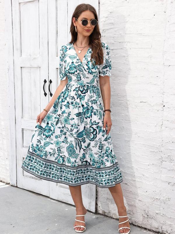 Floral Print Surplice Neck Short Sleeve Dress