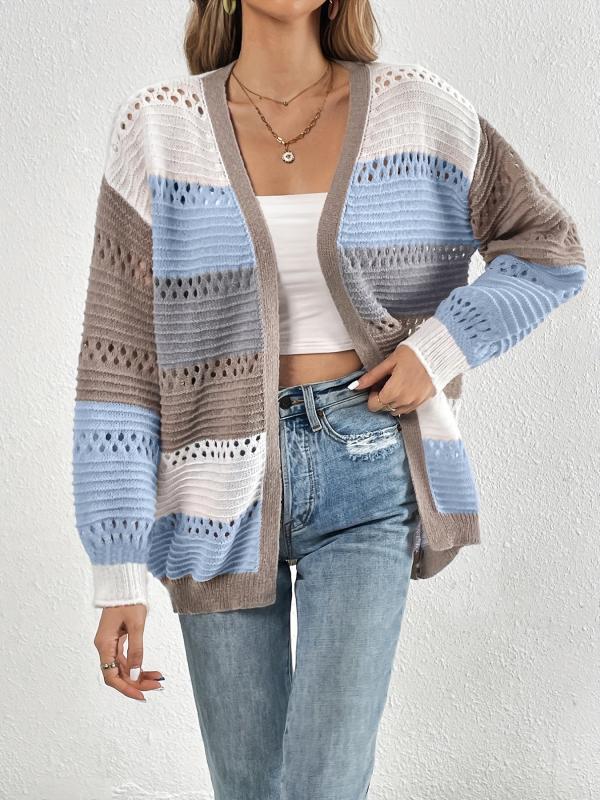 Cut Out Block Knit Cardigan Long Sleeve Sweater