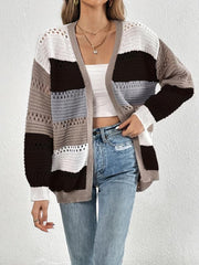 Cut Out Block Knit Cardigan Long Sleeve Sweater