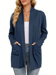 Solid Knit Cardigan Open Front Long Sleeve
