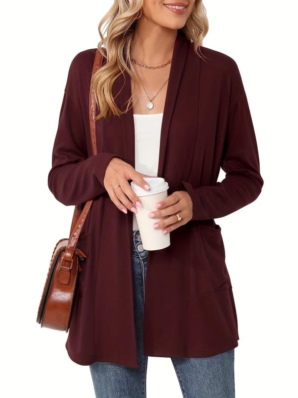 Solid Knit Cardigan Open Front Long Sleeve