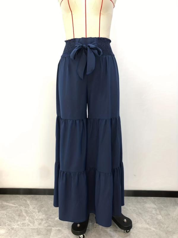 Boho Smocked Wide Leg Pants Drawstring Palazzo Pants for Women