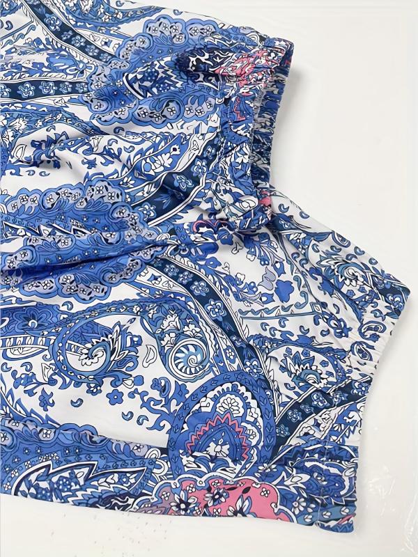 Paisley Print Shirred Pants Boho High Waist Pants