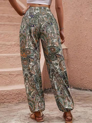 Paisley Print Shirred Pants Boho High Waist Pants