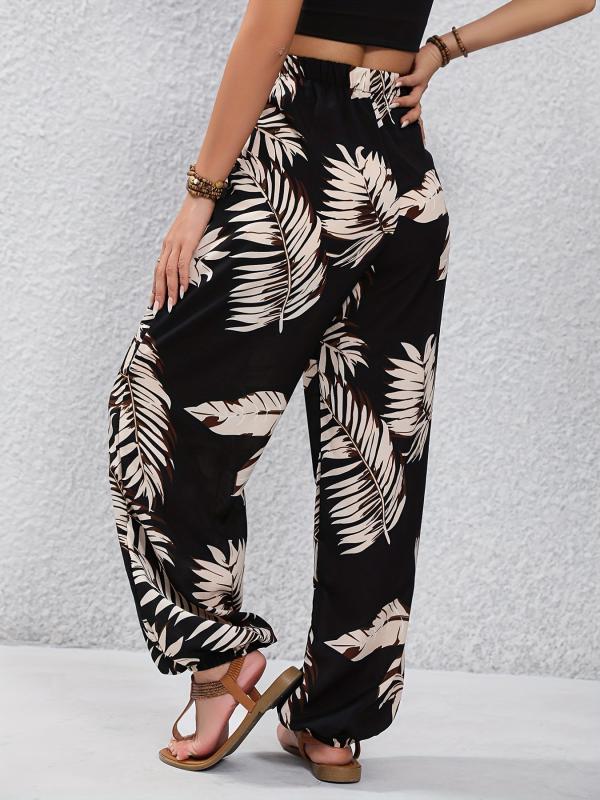 Leaves Print Drawstring Pants Vacation Elastic Waist
