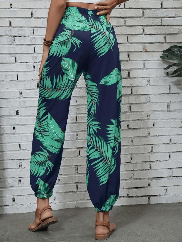 Leaves Print Drawstring Pants Vacation Elastic Waist