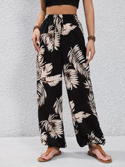 Leaves Print Drawstring Pants Vacation Elastic Waist