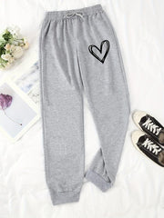 Hearts Print Jogger Pants Drawstring Waist Casual Sports Sweatpants