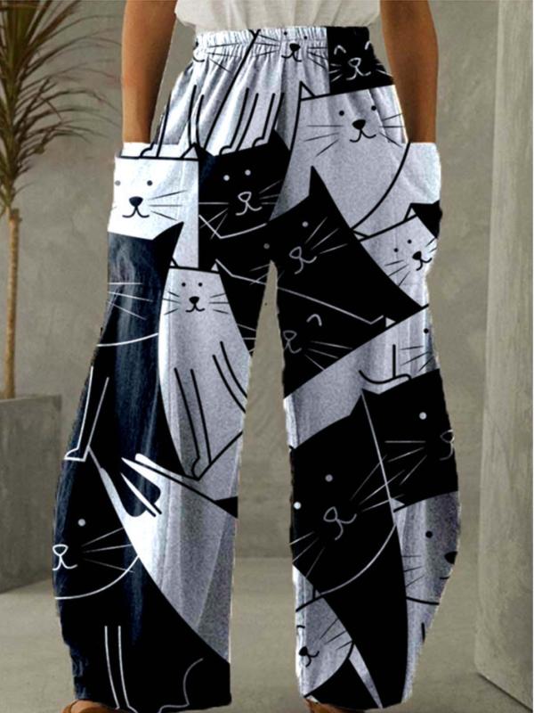Women's Mid Waist Cat Print Long Pants