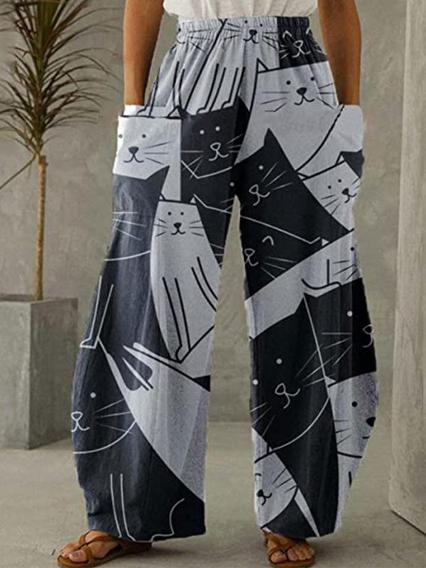 Women's Mid Waist Cat Print Long Pants
