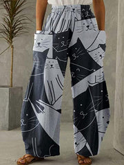 Women's Mid Waist Cat Print Long Pants