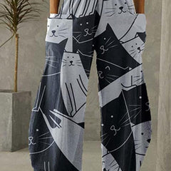 Women's Mid Waist Cat Print Long Pants