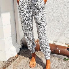 Leopard Print Fitted Bottom Joggers Drawstring Pants
