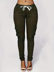 Flap Pockets Drawstring Cargo Joggers Pants Casual Skinny Pants