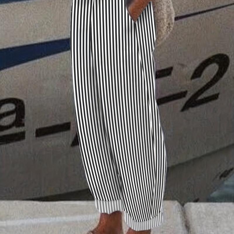 Striped Print Casual Wide Leg Pants With Pockets