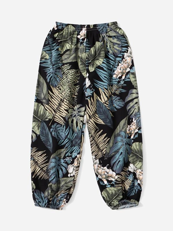 Boho Leaf Print Loose Lantern Pants High Waist