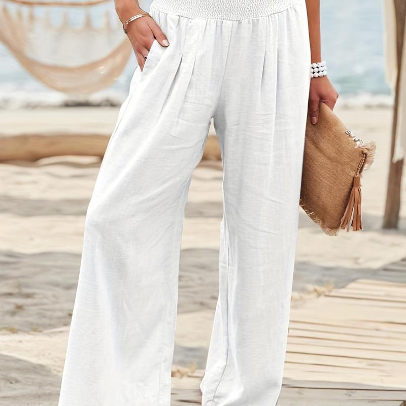 Smocked Waist Wide Leg Pants Casual Pants For Women