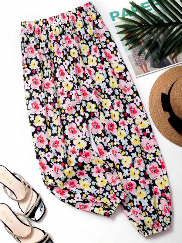 Floral Print Harem Pants Elastic Waist Summer Casual