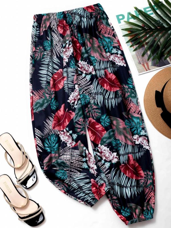 Floral Print Harem Pants Elastic Waist Summer Casual