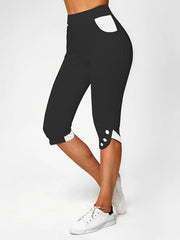 Solid Button Contrast Bodycon Cropped Pants