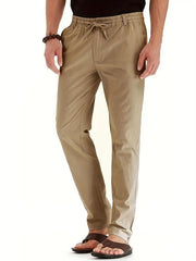 Men's Business Casual Pants Loose Elastic Waist Cotton Solid Long Pants