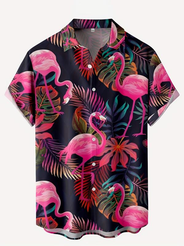 Flamingo Print Men s Short Sleeve Hawaiian Shirt - Summer Vacation Resort