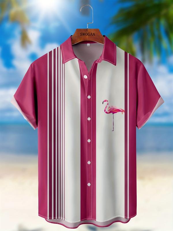Flamingo Print Men s Short Sleeve Hawaiian Shirt - Summer Vacation Resort